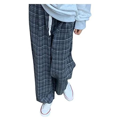 LAVASEON jeans larghi scozzesi casual da donna pantaloni goth grunge a vita alta y2k abbigliamento coulisse pantaloni streetwear, grigio, s