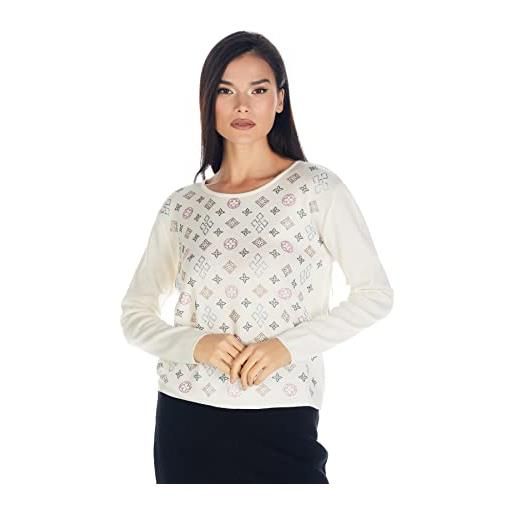 Crystal SOLO maglione da donna in misto lana con eleganti simboli, strass, bordatura, girocollo, maniche lunghe, natur, l