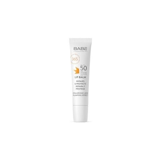 LABORATORIOS BABE laboratorios babé - balsamo per labbra spf 50 | protezione solare e riparazione totale per labbra | 15 ml | con acido ialuronico e burro di karitè | effetto volume