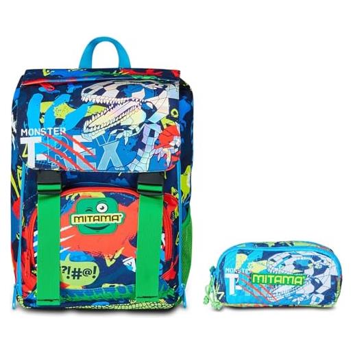 Mitama zaino scuola estensibile con tasca frontale, blu e verde bambino + portapenne bambino