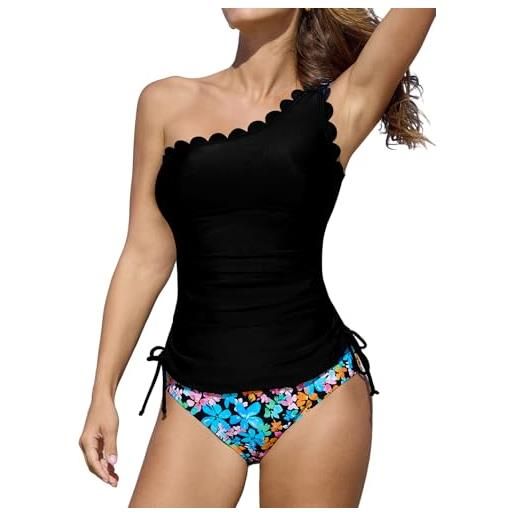 CUPSHE tankini da donna, monospalla, scollo smerlato, due pezzi, costume da bagno con lacci laterali increspati, nero/floreale, m