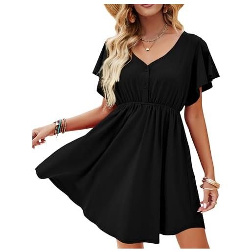 Beluring abito estivo da donna con volant, a maniche corte, elegante, scollo a v, con peplo, a nero, l