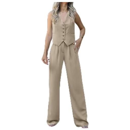 PAIDAXING blazer da donna in 2 pezzi, con scollo a v, senza maniche, con bottoni, gilet a gamba larga, pantaloni estivi da donna, in cotone e lino, set coordinato per ufficio e lavoro, grigio, s