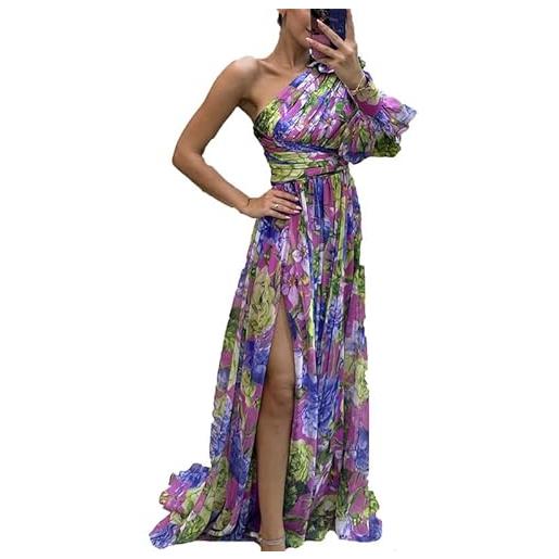 Suncolour abito lungo da donna in chiffon floreale a maniche lunghe monospalla abito lungo da festa abito da cocktail