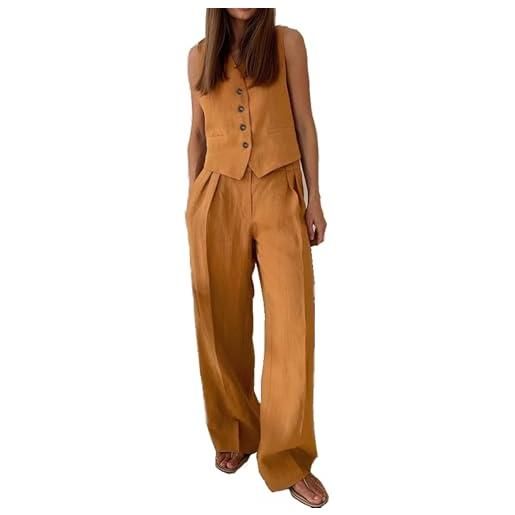 TERAZUNO tailleur pantalone da donna elegante completo lavoro blazer pantaloni set pantaloni slim fit in due pezzi + gilet con bottoni senza maniche moda abito classico formale lino cotone(khaki, s)