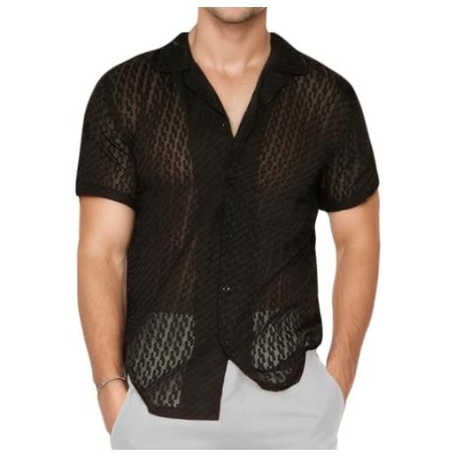 AIEOE camicia da uomo a maniche corte, in pizzo, sottile, morbida, per il tempo libero, con bottoni, maglietta estiva trasparente, taglie s-xxl, l