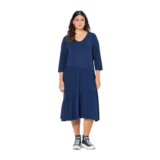 Ulla Popken abito midi dal taglio svasato con volant, scollo a v e maniche a 3/4 blu inchiostro 46+ 836106740-46+