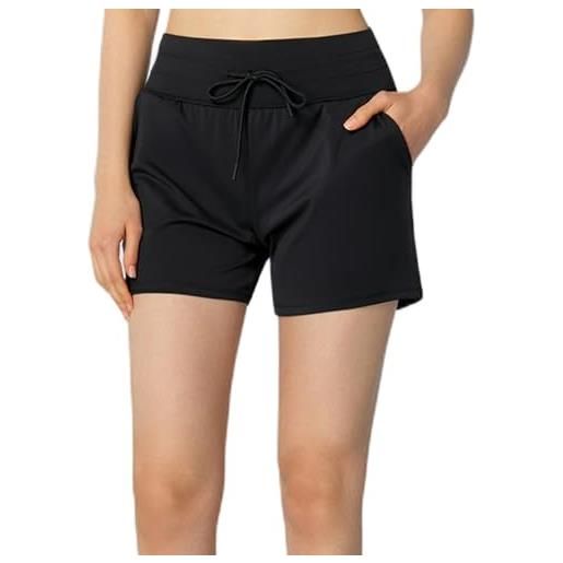 Generic costume da bagno da donna da 12,7 cm, a vita alta, ad asciugatura rapida, pantaloncini da bagno con tasca con cerniera e tasche interne, nero , s