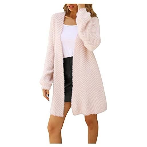 Generico soprabito donna primaverile elegante maglioni a righe a blocchi di colore larghi da donna outwear maglione a maniche lunghe cardigan lavorato a maglia outwear cappotto lungo donna (pink, s)