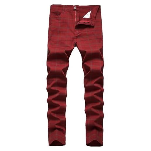YIHUILONG pantaloni da uomo elasticizzati, skinny, a quadri, slim fit, alla moda, da lavoro, casual, rosso, 58