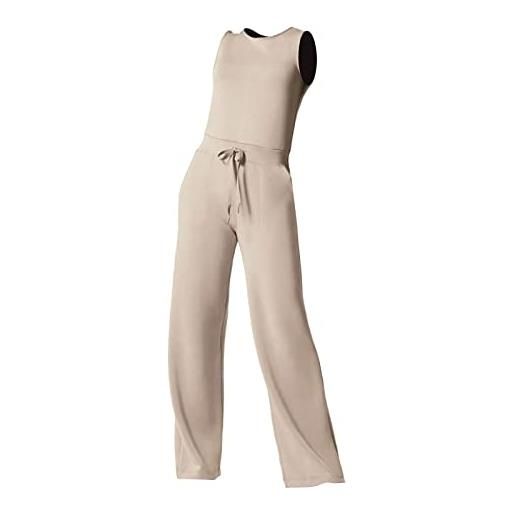 Generic tuta intera da donna, a gamba larga, tinta unita, casual, ampia, comoda, con vestibilità aderente, con coulisse e pantaloni a gamba larga, cachi, l