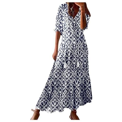 FGVFCS abiti boho da donna uk plus size summer maxi abiti mezza manica abito lungo floreale abito da spiaggia con coulisse scollo a v abito a tunica abito largo da donna elegante cocktail party dress