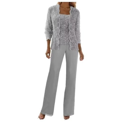 Generic 3 pezzi pizzo chiffon madre della sposa pantaloni abiti con giacche paillettes abiti da sposa per le donne (blu ardesia, xxl)