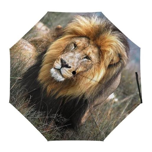 LJFABKY adulto maschio leone antivento viaggio manuale 3 pieghevole ombrello impermeabile automatico rainbrella per uomo donna