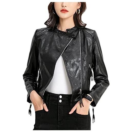 Huixin donna moda slim fit giacca in similpelle leggero collo coreana biker jacket corto giacca di pelle con obliquo cerniera (nero, l)