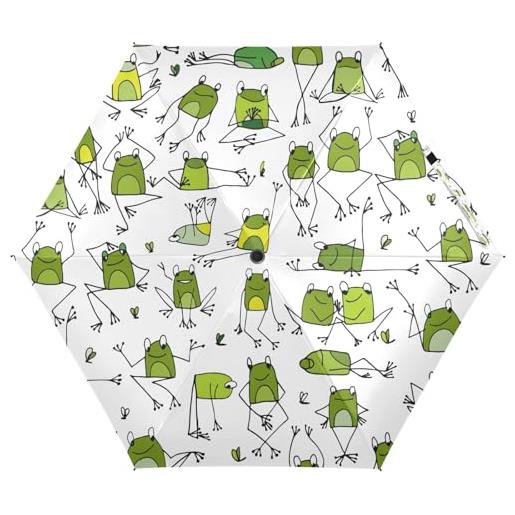 Quteprint ombrello da viaggio a 5 pieghe con simpatico animale divertente rana per pioggia, sole, resistente ai raggi uv, antivento, 6 costole, leggero, compatto, ombrello pieghevole per adulti, 