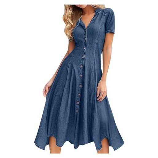 Generic abiti midi in denim per le donne uk collo con colletto a maniche corte abito svasato casual slim-fit flowy a-line dress risvolto jean abbottonatura abiti camicia i miei ordini saldi liquidazione 2025
