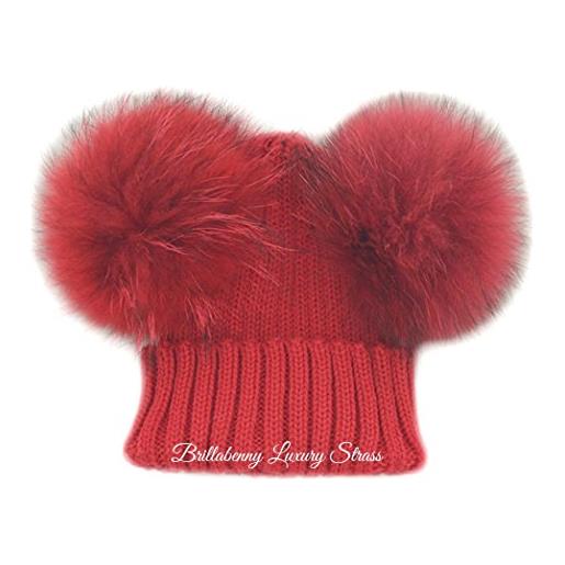Brillabenny cappello rosso cuffia berretto pelliccia vera pon pon rosso natale bambino 1-4 anni hat fur luxury baby scuola sci