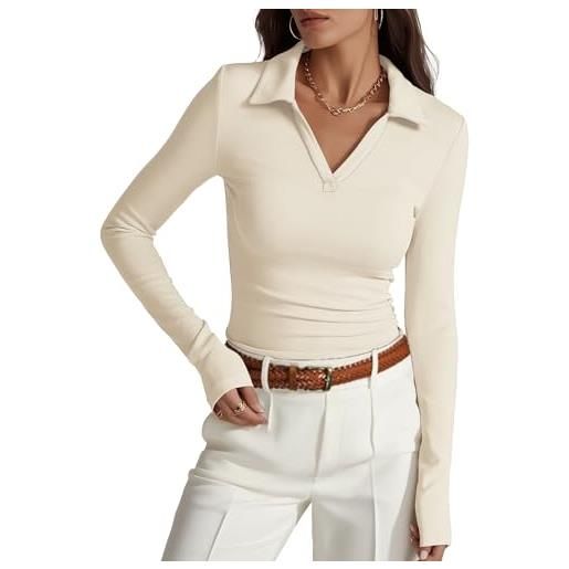 Prettywear polo da donna a maniche lunghe business casual top da lavoro camicetta aderente con colletto a v camicia 2025 abiti autunnali, verde militare, l