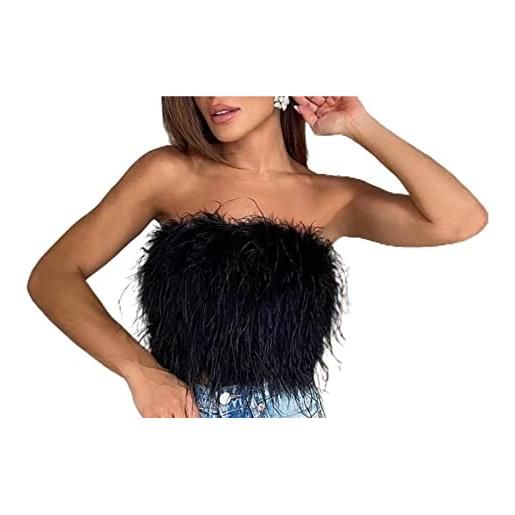 YLFC top in piuma per donna top corto in pelliccia sintetica senza spalline top senza maniche senza schienale canotta a fascia slim fit soffice (color: black, size: m)