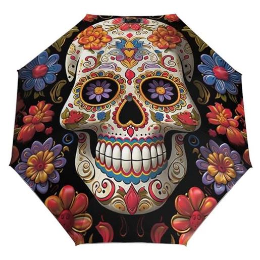 LFDSYEOQ ombrello antivento, ombrello pieghevole leggero con teschi di zucchero, piccolo ombrello da viaggio automatico con copertura, teschi di zucchero, taglia unica