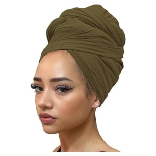 Kachanaa, fascia elastica per capelli a turbante, tinta unita, stile africano, lungo scialle per capelli, morbida ed elastica per le donne (verde militare)