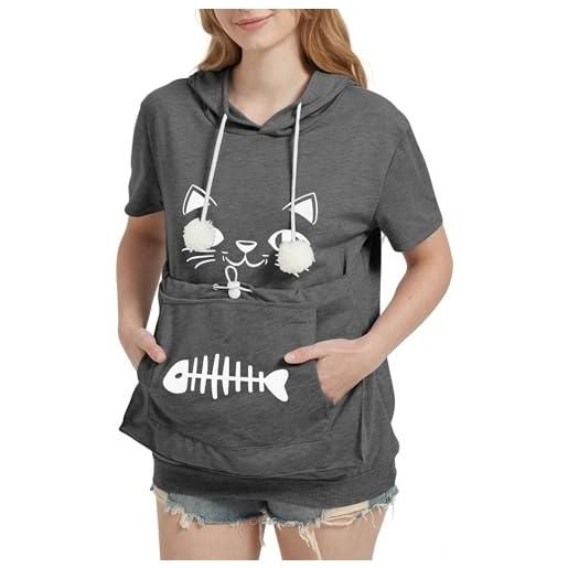 MEGAVOW felpa donna con cappuccio a maniche corte, felpa porta gatto donna moda sweatshirt hoodie con tasche maglietta primavera e estate