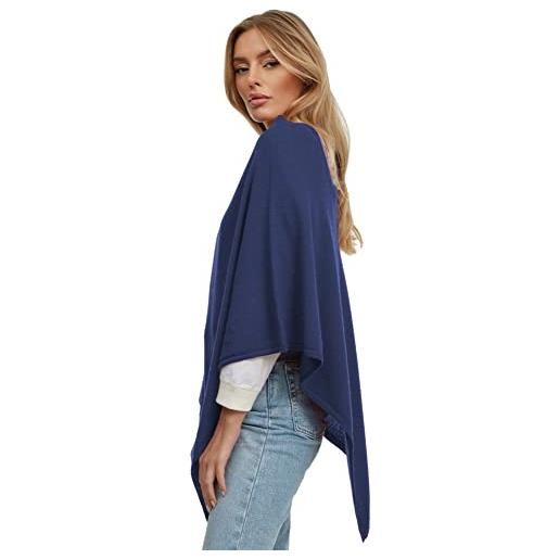 Gloop poncho da donna, maglione lungo, lavorato a maglia, cappotto, per l'estate e l'inverno con lana e karschmir made in italy, blu scuro, xxxl
