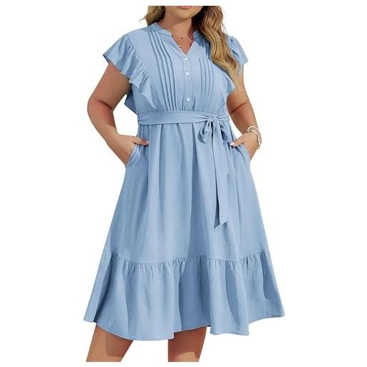 Hanna Nikole abito a trapezio taglie forti con maniche a balze scollo a v elastico in vita e cintura annodata azzurro chiaro 20w