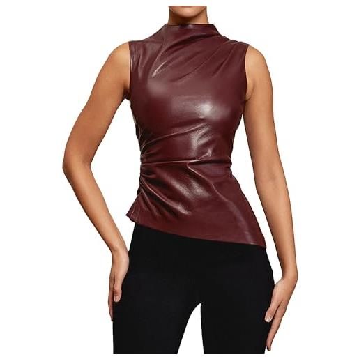 BAIMORE canottiera da donna in pelle sintetica plissettata con collo alto, tinta unita, senza maniche, vestibilità aderente, vino rosso, s