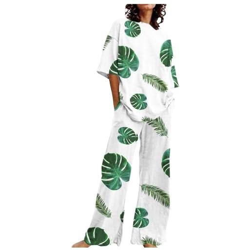 Generic abiti estivi per donna 2 set di lino in cotone t-shirt oversize pantaloni a gamba dritta tuta taglie forti abito scozzese donna (green, xxxxxl)