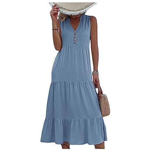 shownicer vestito donna estivo scollo a v senza maniche vestiti casual elegante midi abito tinta unita al ginocchio abiti vita alta swing vestiti da spiaggia b azzurro xl
