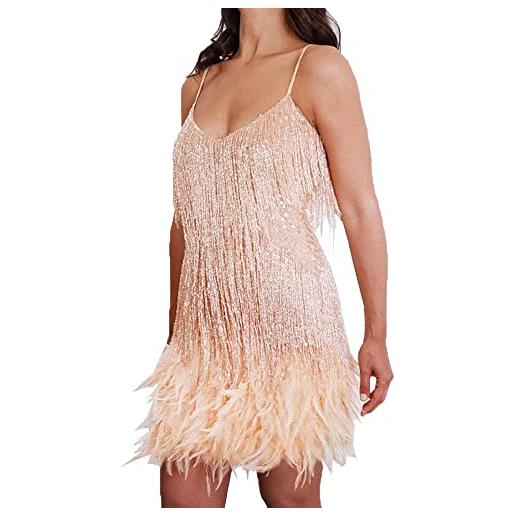 ERMODA mini abito da donna elasticizzato aderente con paillettes e scollo a v profondo sexy da donna (color: beige b, size: small)