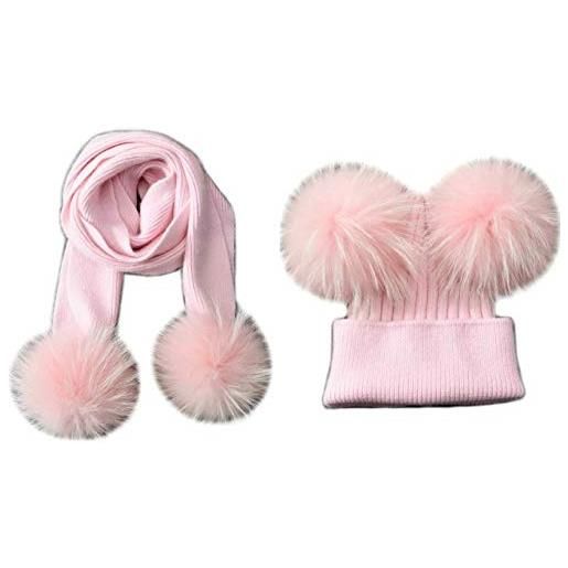 Brillabenny set cappello e sciarpa vera pelliccia cuffia bambina bambino cashmere luxury (rosa 4 pon pon rosa, 1-4/5anni)