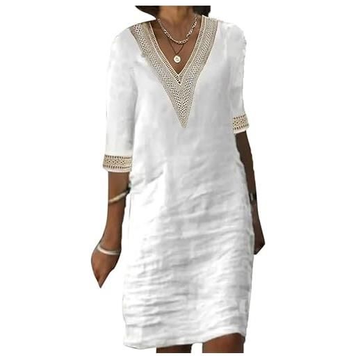 Suncolour abito estivo da donna in pizzo con scollo a v abito a maniche corte in cotone e lino t-shirt lunghe abiti a tunica da donna