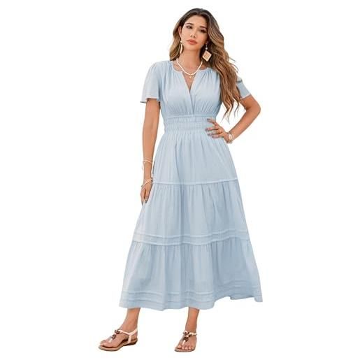 R.Vivimos donna estate v collo midi abito manica corta elastico vita una linea cotone lungo abito(m, skyblue)