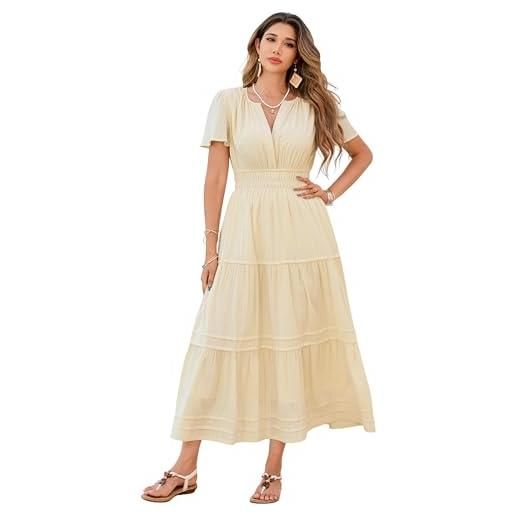 R.Vivimos donna estate v collo midi abito manica corta elastico vita una linea cotone lungo abito(xl, beige)