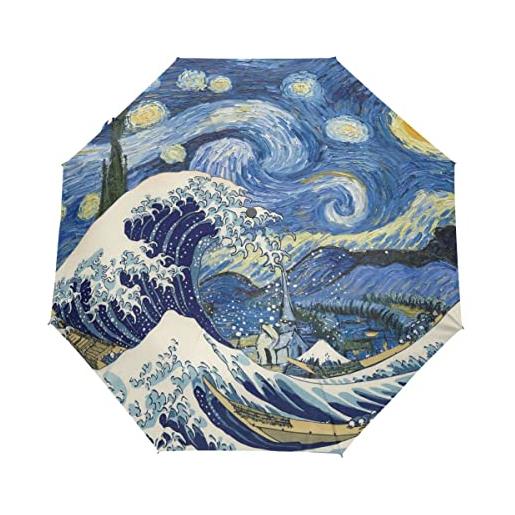 GAIREG van gogh wave stars ombrello da viaggio antivento auto open close pieghevole pieghevole pieghevole ombrelli compatti per la pioggia