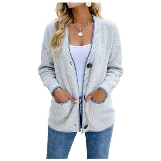 Generic maglioni aperti da donna cardigan con scollo a v a maniche lunghe con bottoni in ciniglia capispalla con tasche casual morbido cappotto allentato, grigio chiaro, m