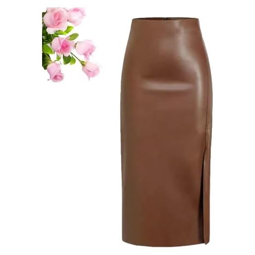 HESYSUAN gonne lunghe in pelle da donna, gonna lunga invernale in pelle nera a vita alta con fessura in ecopelle gonna a matita a linea, marrone, m