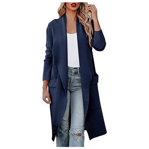 Generic in lana da donna casual, a maniche lunghe, drappeggiato, tasche a maglia aperte davanti per donna, cardigan lungo cappotto russo da donna, blu, s