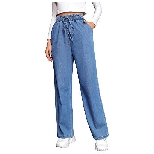 Love Welove Fashion jeans classici da donna in denim a gamba larga elastico a vita alta con coulisse pantaloni con tasche, jeans in pile blu, xx-large