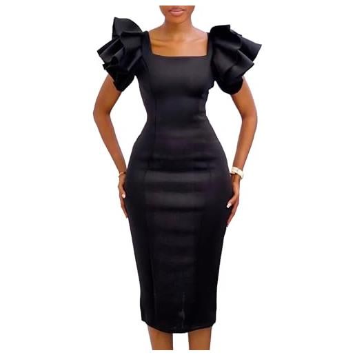 GHAKKE abito da cocktail da donna elegante con maniche a volant vestito longuette matita aderente a vita alta con collo quadrato e taglie forti(black, s)