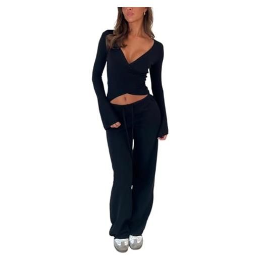 Owegvia flare pantaloni set donne 2 pezzi abiti manica lunga vita cravatta scollo a v crop top con elastico in vita pantaloni lounge set tute, nero , s
