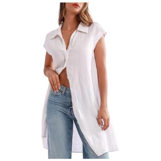 Amazhiyu abito midi da donna, in puro lino, estivo, casual, con tasche e cintura, bianco, s