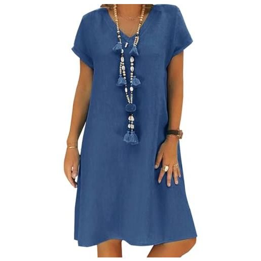 Tincini abito estivo da donna, in lino, casual, con scollo a v, a maniche corte, linea ad a, senza accessori, a blu, l
