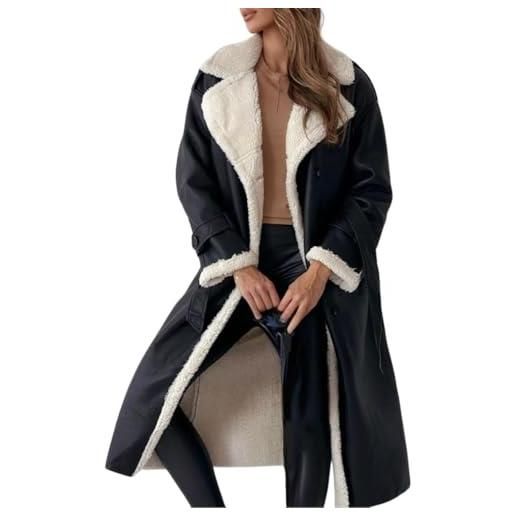Goolecrimp donna pu lungo blazer moda tendenza oversize risvolto imbottito foderato pu trench con cintura elegante business casual classico cappotto (nero, xl)