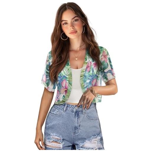 Jndtueit bolero da donna a maniche corte con fiore ritagliato cardigan leggero aperto sul davanti, monstera verde ibisco tropicale, xxl