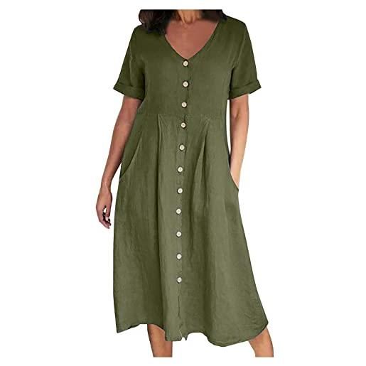 Generic abito casual da donna con scollo a v, in cotone e lino, a maniche corte, con bottoni, taglie forti, abito midi con tasca larga, a08 # verde militare, 4xl