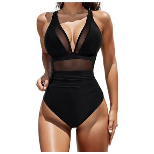 ZKZFCAI costume da bagno intero donna sexy scollo a v bikini push up imbottito reggiseno curvy costumi da mare donna interi costumi un pezzo (it, testo, m, regular, regular, nero)